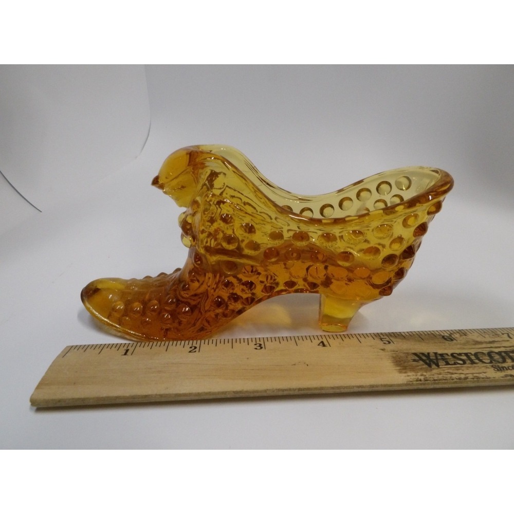Vintage 1970's Art Glass Fenton Amber Hobnail Cats Head Slipper Shoe Small Chip - Picture 4 of 4